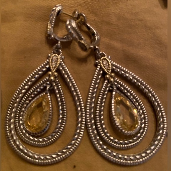Judith Ripka 925 Sterling Pear drop Citrine & Pave Diamond Earrings 18kGold post - Picture 6 of 11